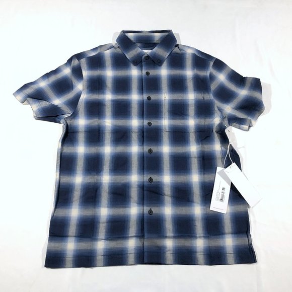 SATURDAYS NYC Bruce Ombre Plaid Short Sleeve Shirt Blue Button Collar Shirt Sz S - Picture 1 of 8
